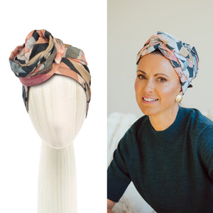 Confident woman wearing a Josephine Wired Head Wrap, designed for women experiencing hair loss due to chemo or cancer treatment — shown on both model and display head for styling inspiration.