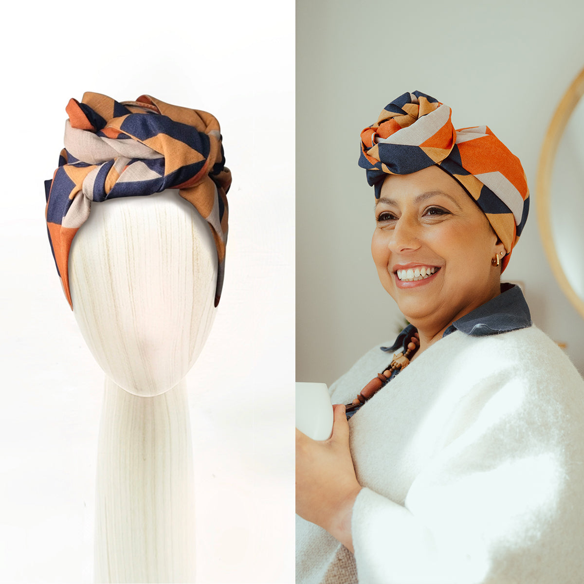 Woman wearing a stylish wired head wrap designed for comfort and beauty during chemotherapy-related hair loss, shown on both model and mannequin.