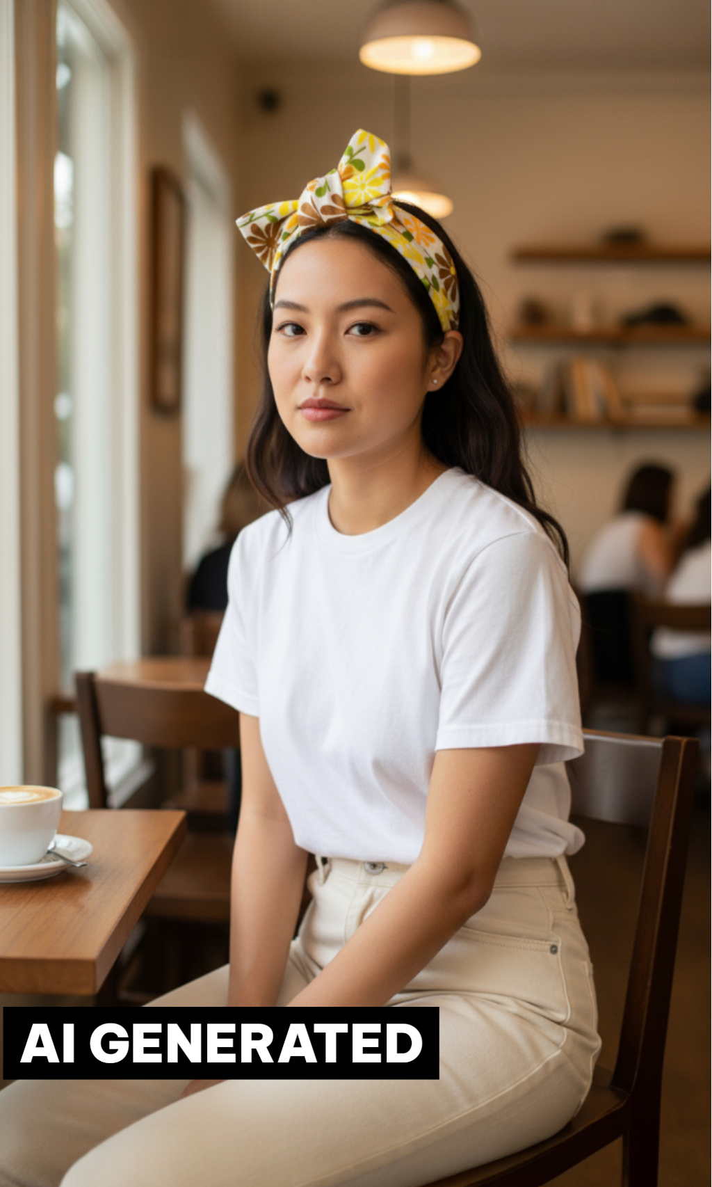 Woman sitting in a cafe wearing a white t-shirt and beige pants, wearing a yellow floral re-purposed Céline Martine designer headband

