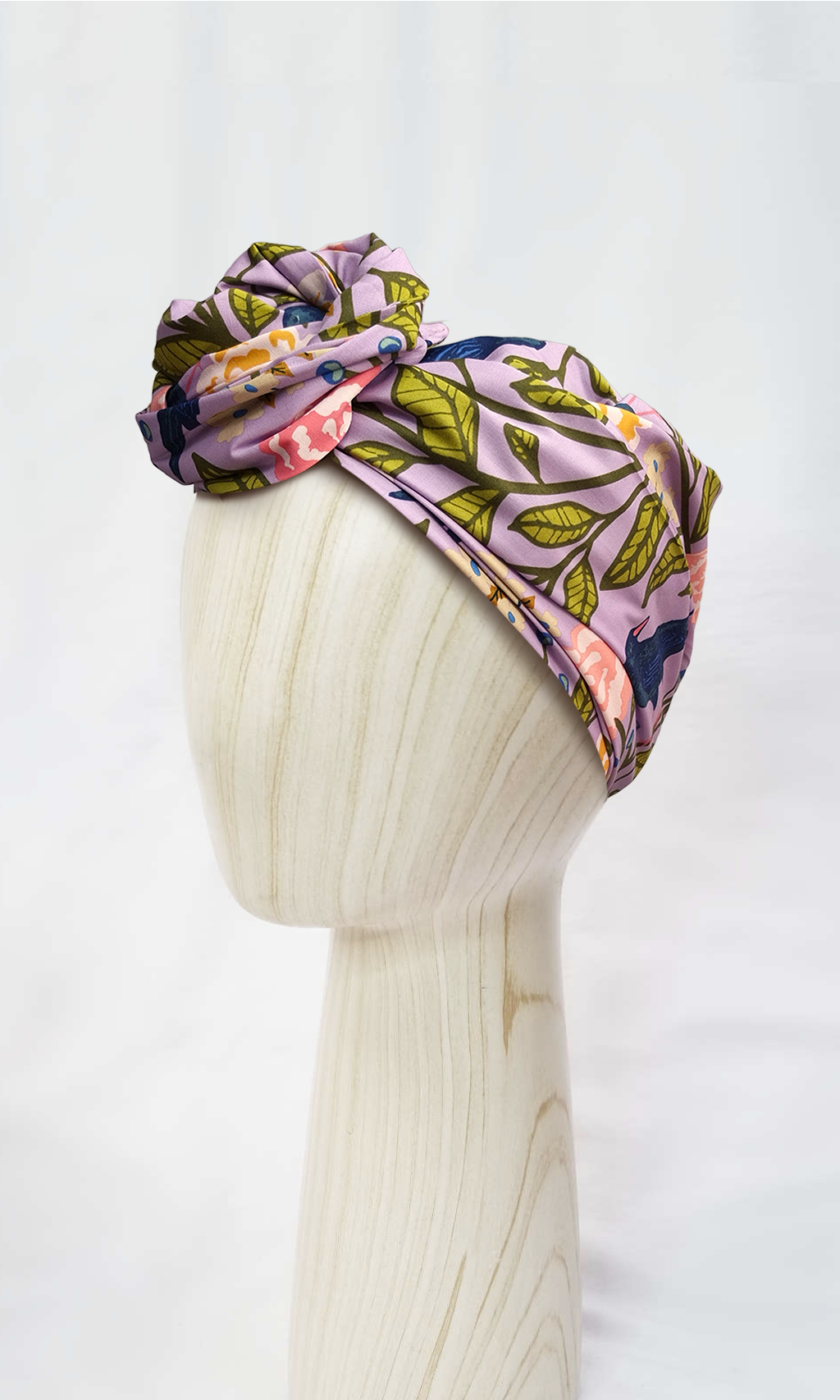 Head wrap for cancer hair loss – soft cotton turban by Celine Martine in Blackbird Lavender Canopy -Wired chemo head scarf for women – fashion headwear after treatment