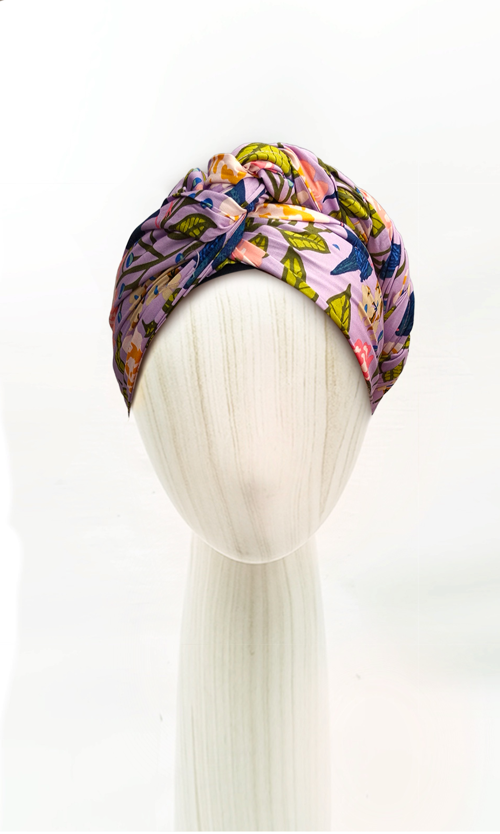 Head wrap for cancer hair loss – soft cotton turban by Celine Martine in Blackbird Lavender Canopy -Wired chemo head scarf for women – fashion headwear after treatment