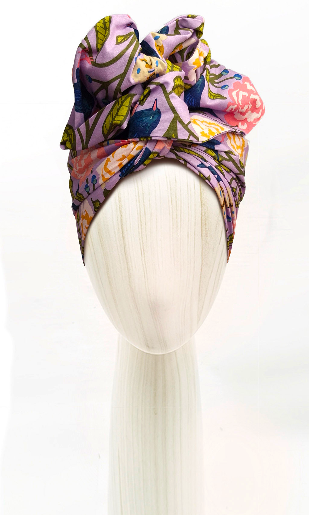 Head wrap for cancer hair loss – soft cotton turban by Celine Martine in Blackbird Lavender Canopy -Wired chemo head scarf for women – fashion headwear after treatment