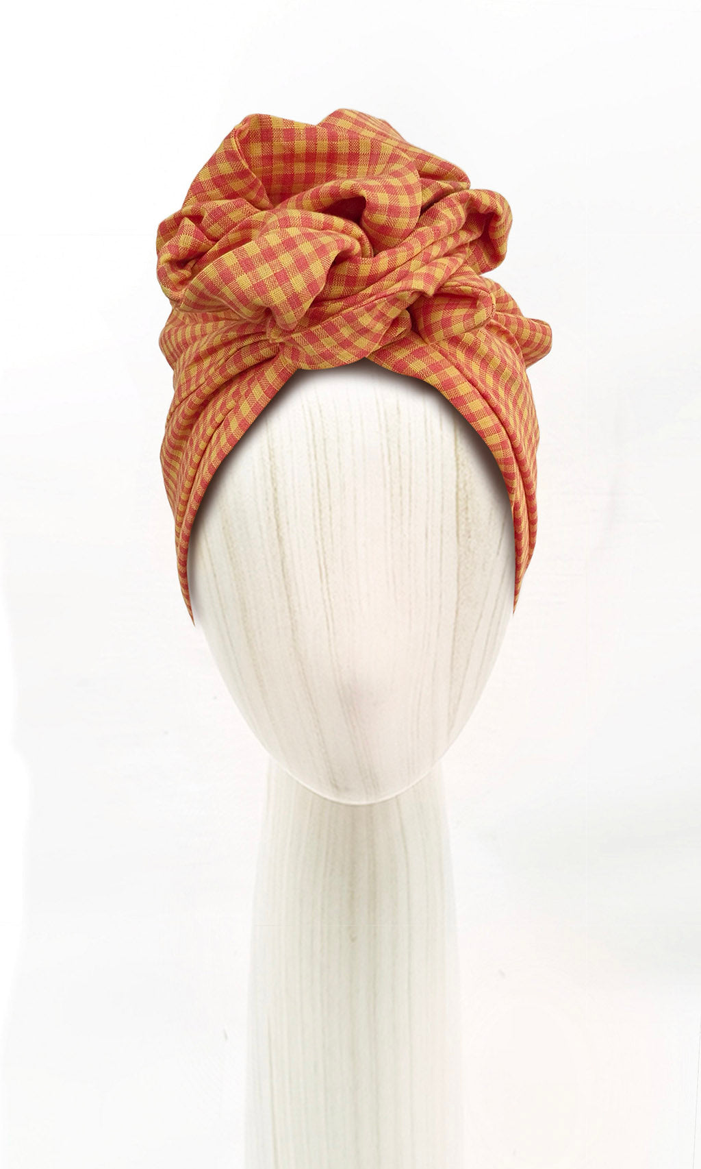 Head wrap for cancer hair loss – soft cotton turban by Celine Martine in Gingham Orange Yellow -Wired chemo head scarf for women – fashion headwear after treatment