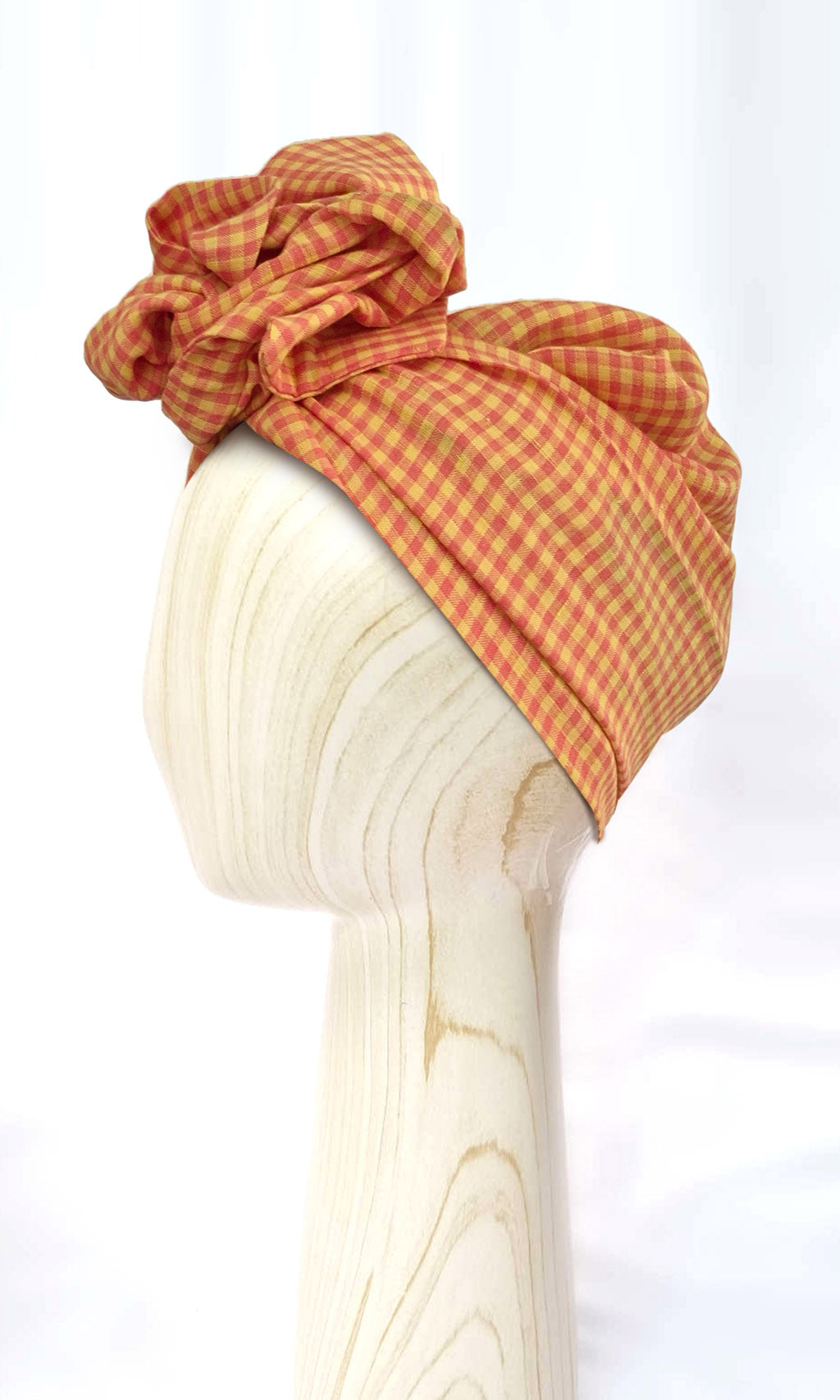 Head wrap for cancer hair loss – soft cotton turban by Celine Martine in Gingham Orange Yellow -Wired chemo head scarf for women – fashion headwear after treatment