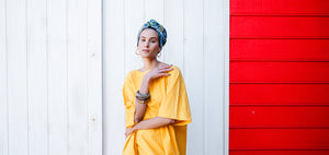 Céline Martine promotional banner showcasing a woman wearing an elegant wired turban or head wrap ideal for both everyday fashion and hair loss coverage