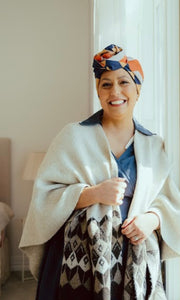 Head wrap for cancer hair loss – soft cotton turban by Celine Martine. Wired chemo head scarf for women – fashion headwear after treatment.