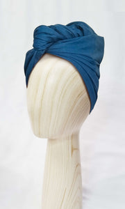 Twisted Japanese Blue wired head wrap, an elegant and comfortable head covering, perfect for all-day wear and hair loss coverage