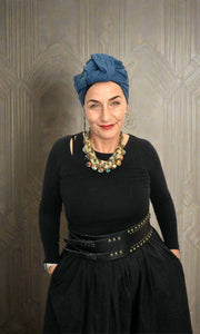 Model wearing Josephine wired head wrap in Japanese Blue, a stylish and lightweight option for fashion-conscious women and those experiencing hair thinning