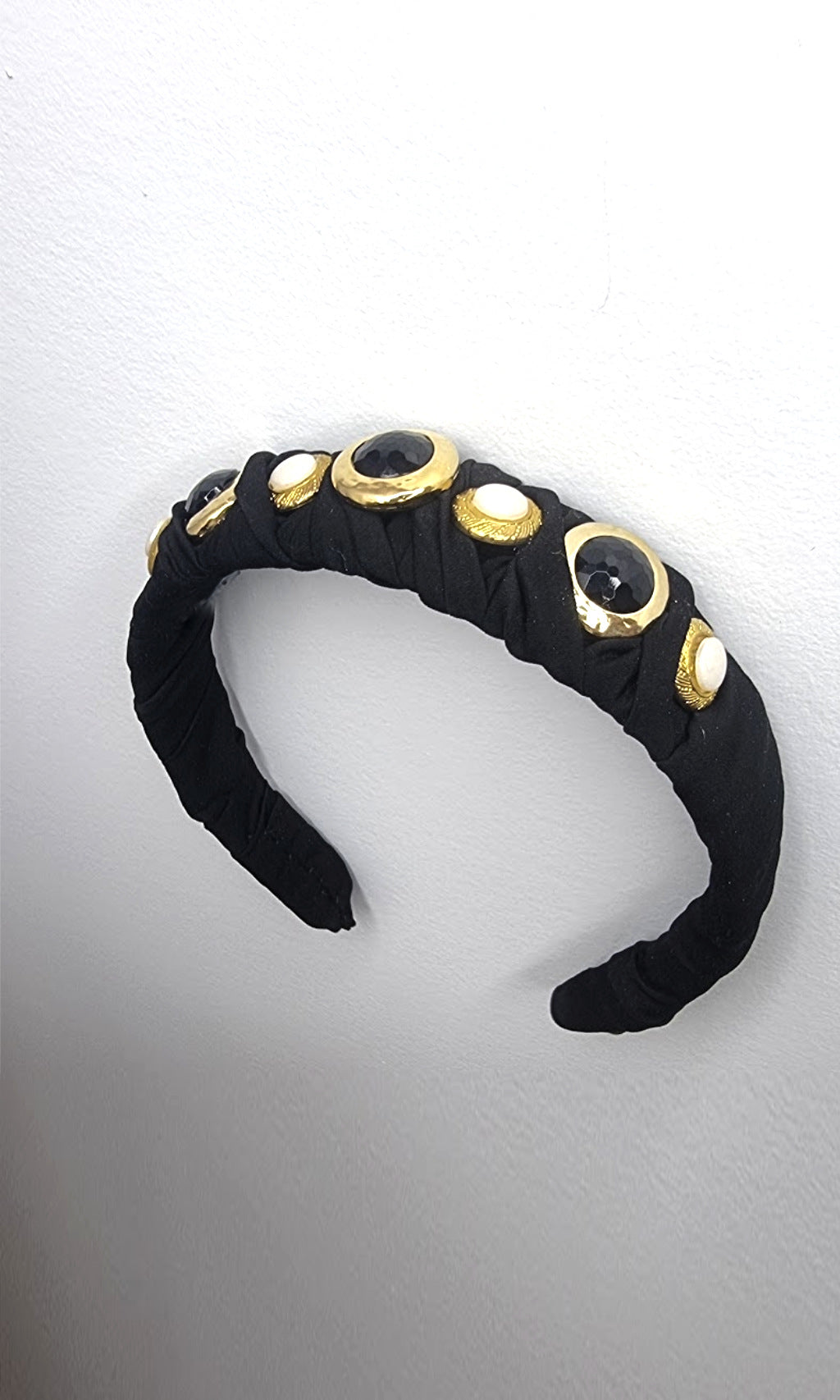 Meet Cute As A Button headband in black, white and gold - a stylish and comfortable accessory perfect for both hair styling and hair loss coverage