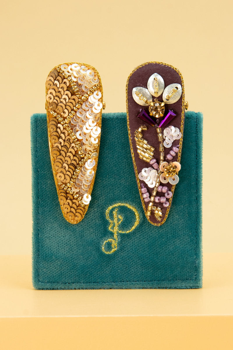 Jewelled Hair Clips (Pack of 2) - Mulberry/Gold